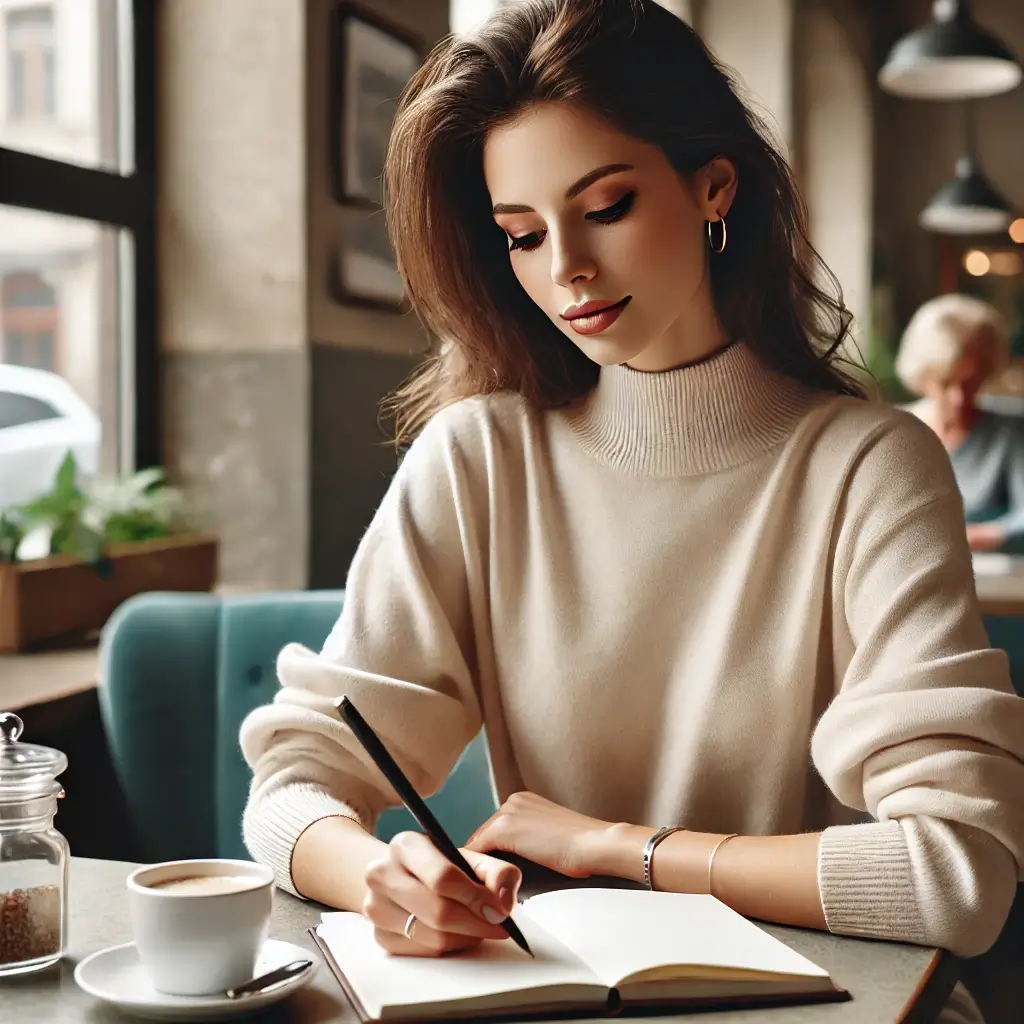 カフェでノートに何か書いている女性