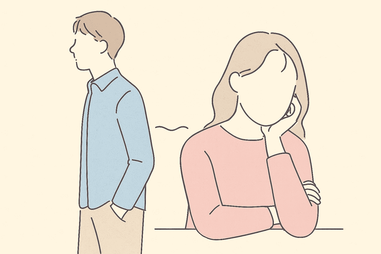 悩む女性と後ろにいる男性